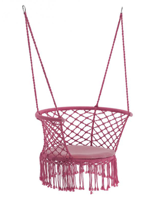Scaun rotund tip leagan suspendat pentru casa sau gradina, cu franjuri, 150kg, cu perna, roz [3]