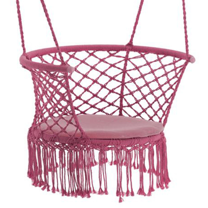 Scaun rotund tip leagan suspendat pentru casa sau gradina, cu franjuri, 150kg, cu perna, roz [1]