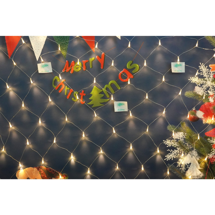 Sectiune Instalatie de Craciun , Tip Plasa, 120 LED-uri, 1.5 x 1.5 m, 8 jocuri de lumini, Interconectabila, Fir transparent, Alb cald [3]