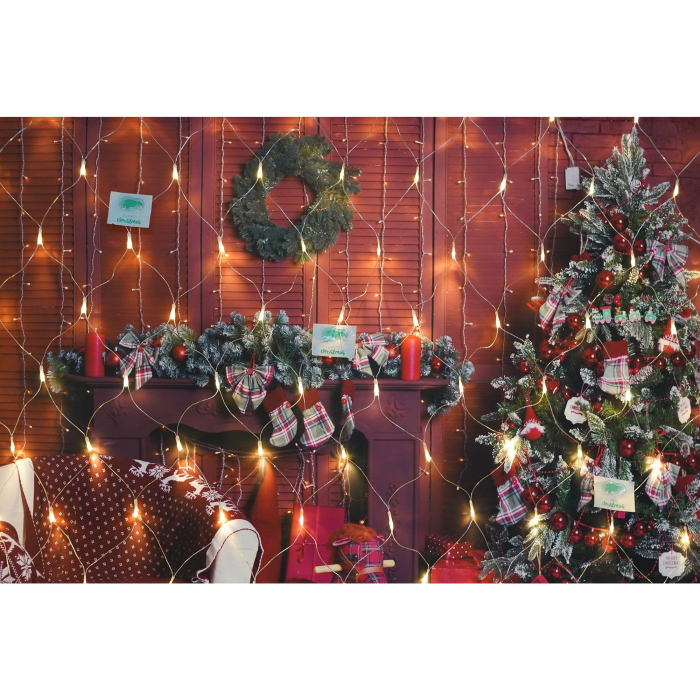 Sectiune Instalatie de Craciun , Tip Plasa, 160 LED-uri, 3 m x 1 m, 8 jocuri de lumini, Interconectabila, Fir transparent, Alb cald [2]