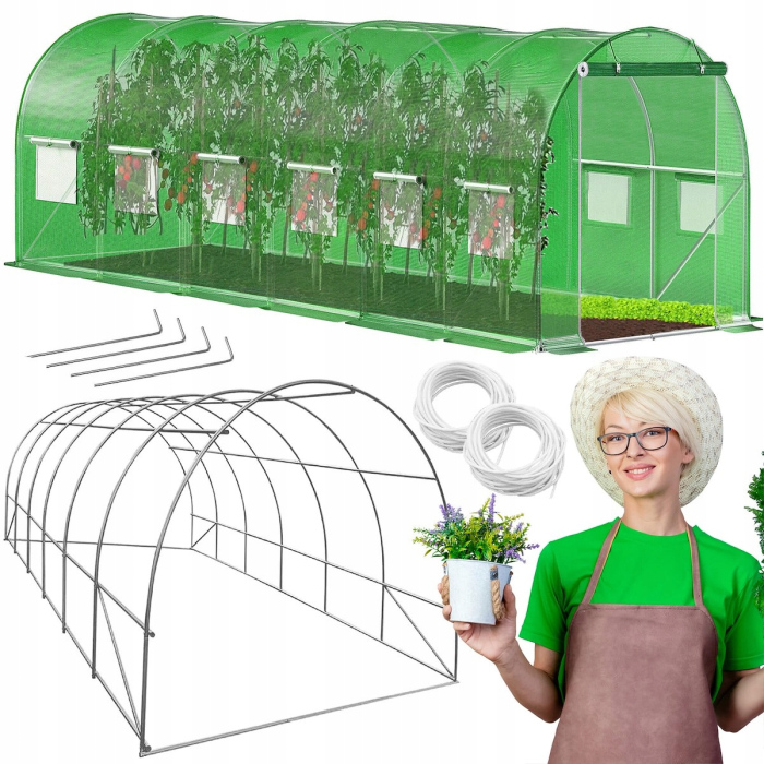 Sera de gradina, tip tunel cu cadru metalic, 300x600cm, 13 ferestre, verde, 18 mp [15]