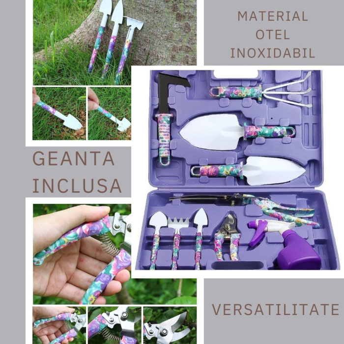 Set 10 accesorii pentru gradinarit , geanta depozitare inclusa, otel inoxidabil, 37 x 28 cm, mov [5]