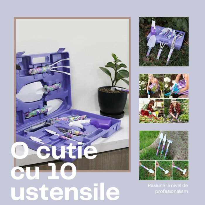 Set 10 accesorii pentru gradinarit , geanta depozitare inclusa, otel inoxidabil, 37 x 28 cm, mov [2]