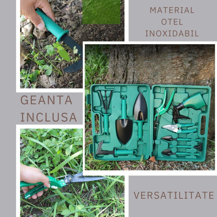Set 10 accesorii pentru gradinarit , geanta depozitare inclusa, otel inoxidabil, 37 x 28 cm, verde [2]