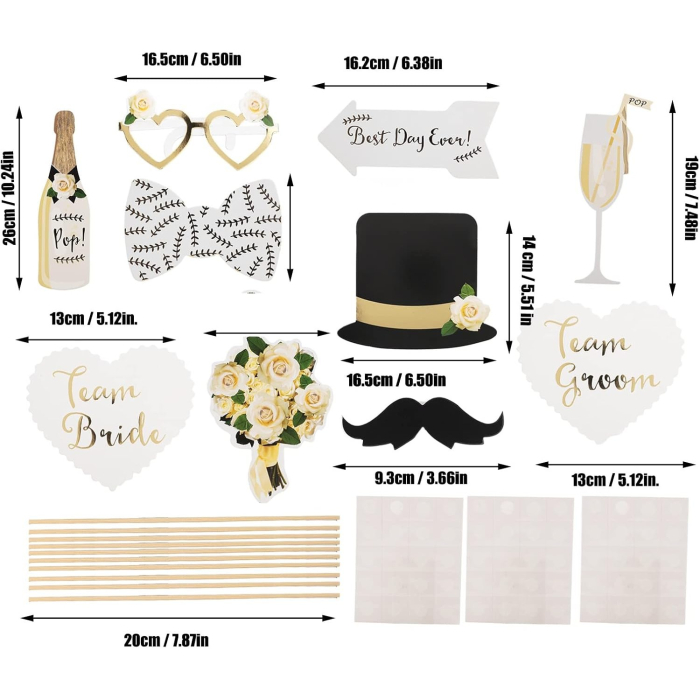 Set 10 Accesorii pentru Petrecere, , Props pentru Coltul de Poze, Model Mire si Mireasa, Tematica Nunta, Multicolor [6]