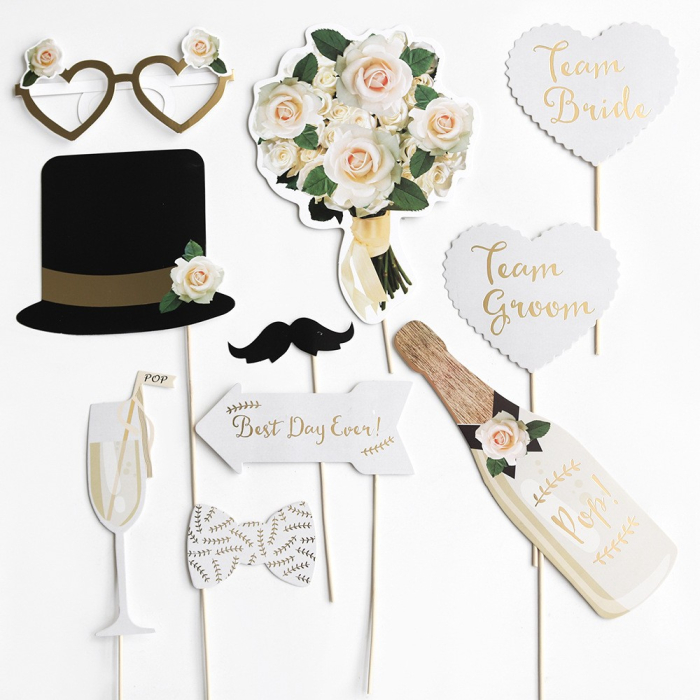 Set 10 Accesorii pentru Petrecere, , Props pentru Coltul de Poze, Model Mire si Mireasa, Tematica Nunta, Multicolor [3]
