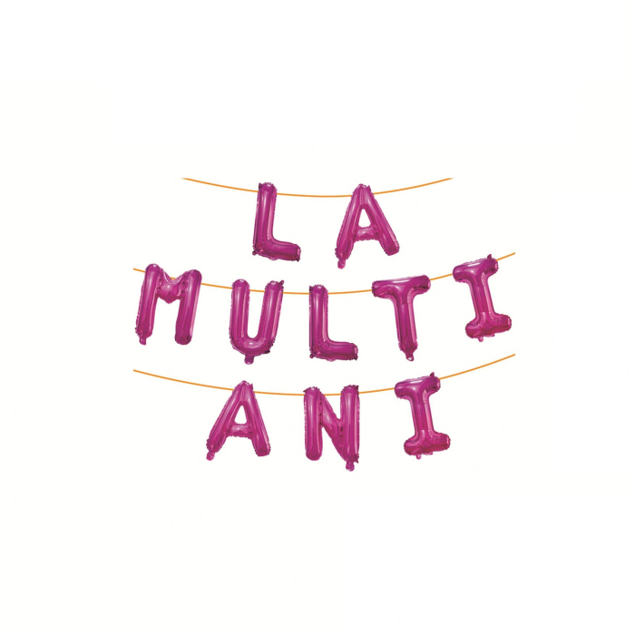 Set 10 Baloane din Folie Metalizata, , Figurine Litere, Model La multi ani, Tema Aniversare, 40 cm, Ambalaj Individual, Pai Inclus, Umflare cu Aer sau Heliu, Roz [2]