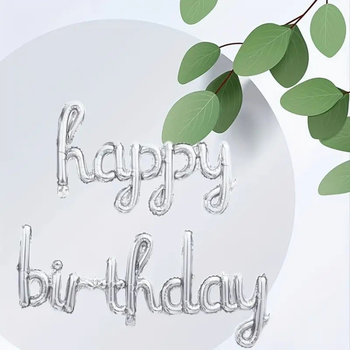 Set 10 Baloane din Folie Metalizata, , Figurine Litere, Model Scris de Mana Happy Birthday, Tema Aniversare, 40 cm, Ambalaj Individual, Pai Inclus, Umflare cu Aer sau Heliu, Argintiu [2]