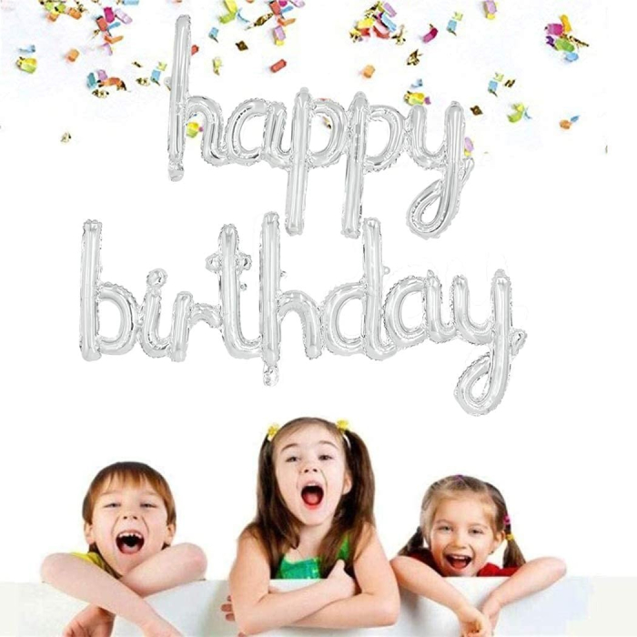 Set 10 Baloane din Folie Metalizata, , Figurine Litere, Model Scris de Mana Happy Birthday, Tema Aniversare, 40 cm, Ambalaj Individual, Pai Inclus, Umflare cu Aer sau Heliu, Argintiu [4]