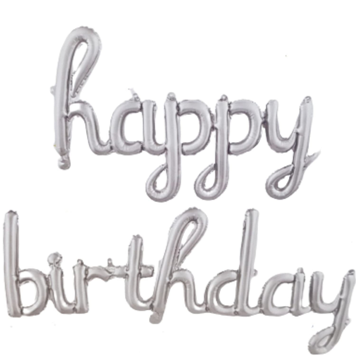 Set 10 Baloane din Folie Metalizata, , Figurine Litere, Model Scris de Mana Happy Birthday, Tema Aniversare, 40 cm, Ambalaj Individual, Pai Inclus, Umflare cu Aer sau Heliu, Argintiu [5]