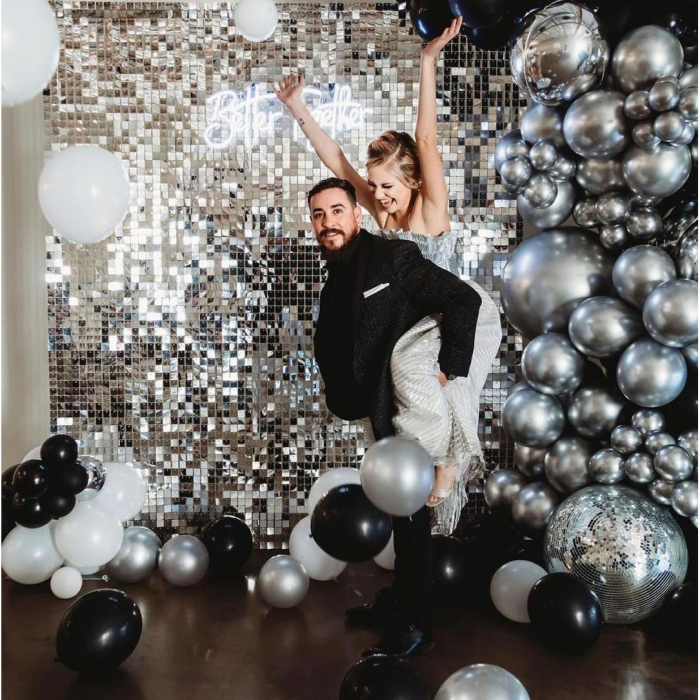 Set 10 Baloane din Latex Chrome, , Model Party, 23 cm, Negru Argintiu, 2.2 g [2]