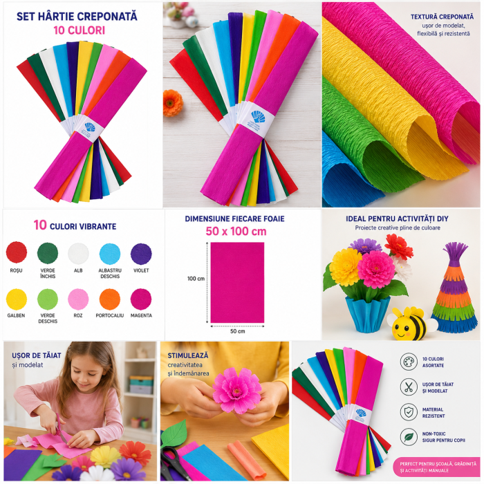 Set 10 Bucati Hartie Creponata Colorata pentru Lucru Manual si Activitati DIY, 10 Culori, ORIGINAL DEALS [17]