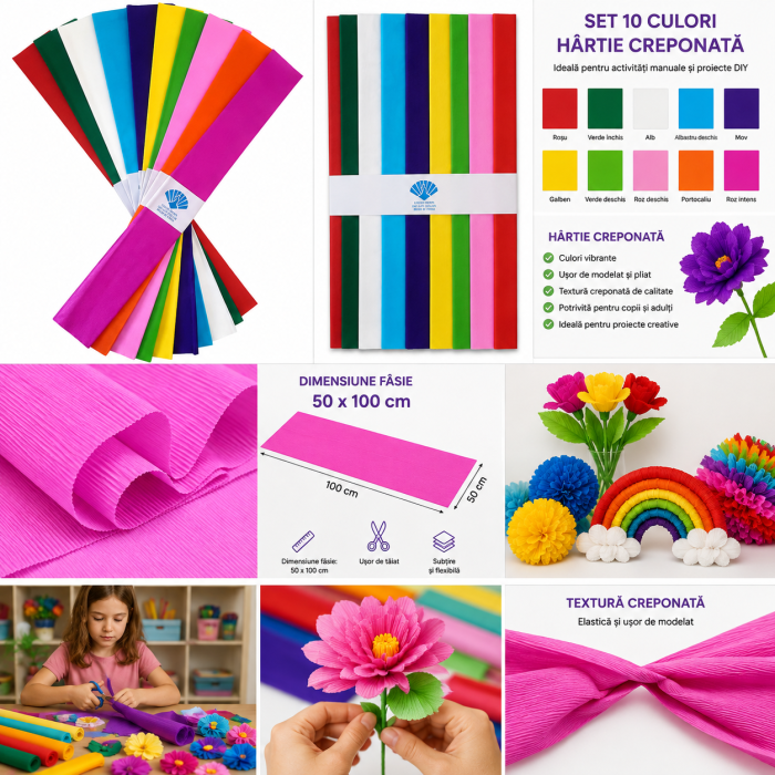 Set 10 Bucati Hartie Creponata Colorata pentru Lucru Manual si Activitati DIY, 10 Culori, ORIGINAL DEALS [14]