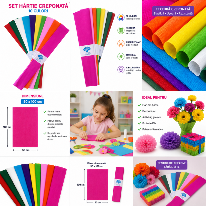 Set 10 Bucati Hartie Creponata Colorata pentru Lucru Manual si Activitati DIY, 10 Culori, ORIGINAL DEALS [10]