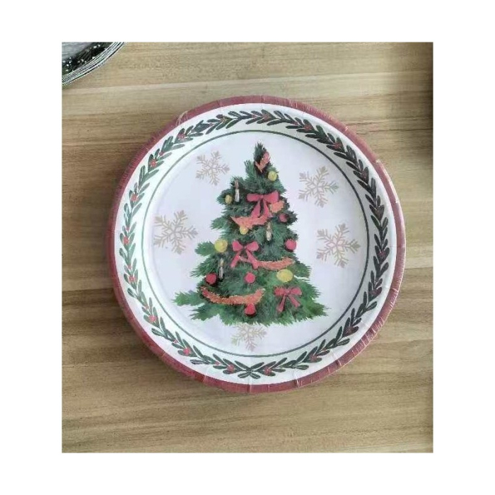 Set 10 Farfurii Unica Folosinta, , 23 cm, Model Brad de Craciun, Multicolor [2]