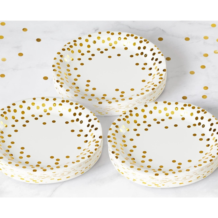 Set 10 Farfurii Unica Folosinta, , Imprimeu cu Buline, din Carton, Diametru 18 cm, Alb/Auriu [2]