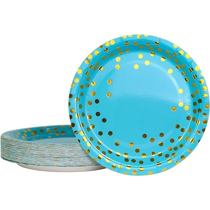 Set 10 Farfurii Unica Folosinta, , Imprimeu cu Buline, din Carton, Diametru 18 cm, Albastru/Auriu [2]