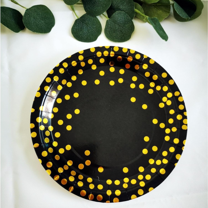Set 10 Farfurii Unica Folosinta, , Imprimeu cu Buline, din Carton, Diametru 23 cm, Negru/Auriu [3]