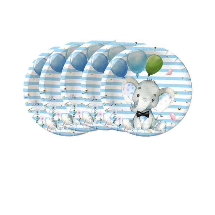 Set 10 Farfurii Unica Folosinta, , Imprimeu Elefant, din Carton, 22 cm, Albastru [6]