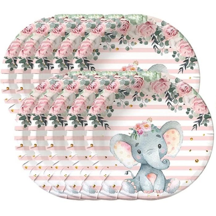 Set 10 Farfurii Unica Folosinta, , Imprimeu Elefant, din Carton, 22 cm, Roz [2]