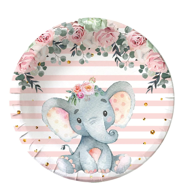Set 10 Farfurii Unica Folosinta, , Imprimeu Elefant, din Carton, 22 cm, Roz [3]