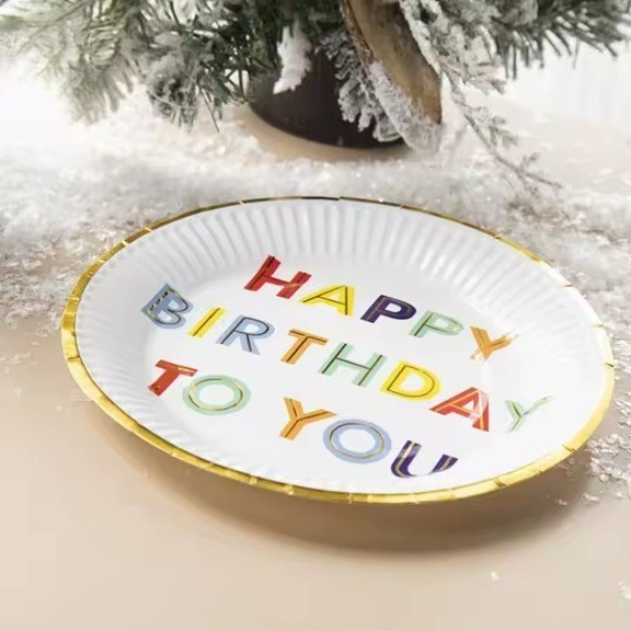 Set 10 Farfurii Unica Folosinta, , Imprimeu Happy Birthday, din Carton, Diametru 18 cm, Alb [2]