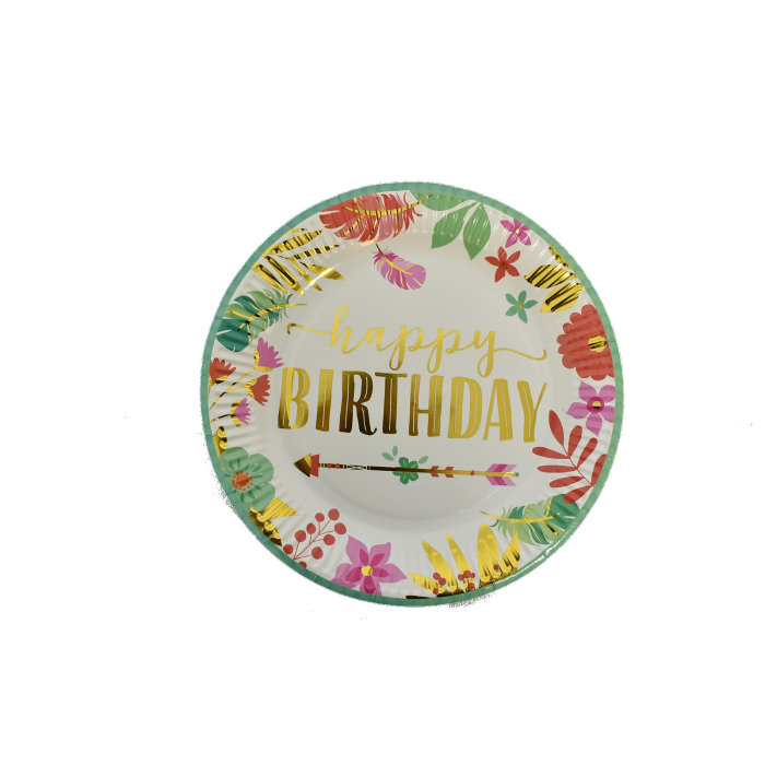 Set 10 Farfurii Unica Folosinta, , Imprimeu Happy Birthday Frunze, din Carton, Diametru 18 cm, Multicolor [2]