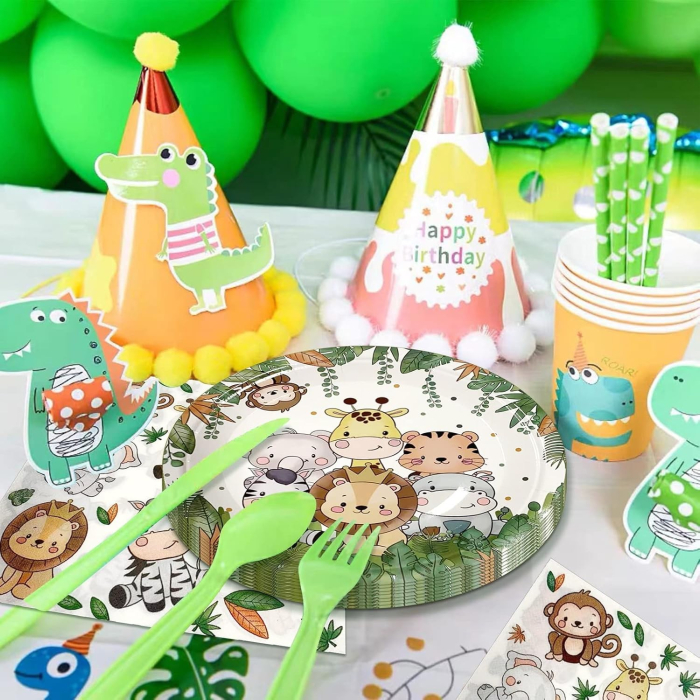 Set 10 Farfurii Unica Folosinta, , Imprimeu Jungle, din Carton, 22 cm, Verde [3]