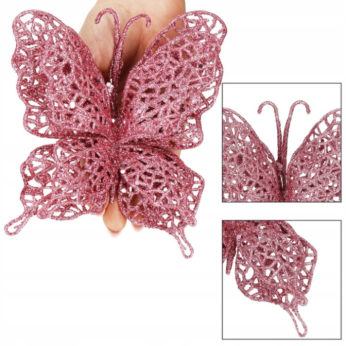 Set 10 ornamente pentru bradul de Craciun, Fluture cu sclipici, 16cm, roz [4]