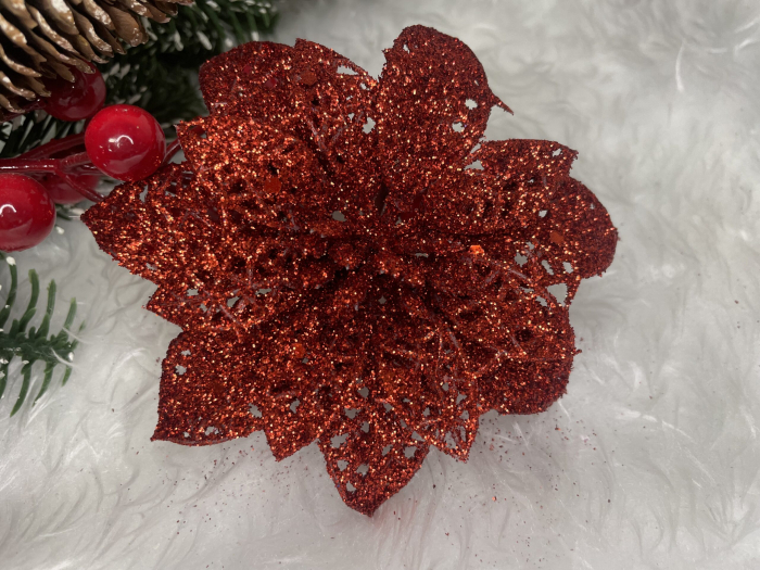 Set 10 ornamente pentru bradul de Craciun, stea Poinsettia, 10cm, rosu [11]