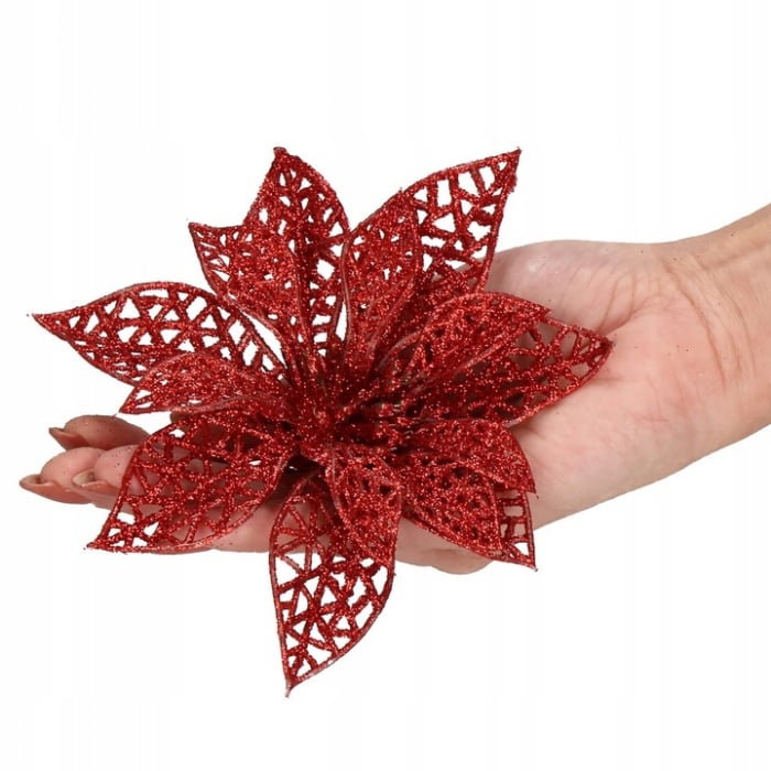 Set 10 ornamente pentru bradul de Craciun, stea Poinsettia, 10cm, rosu [4]