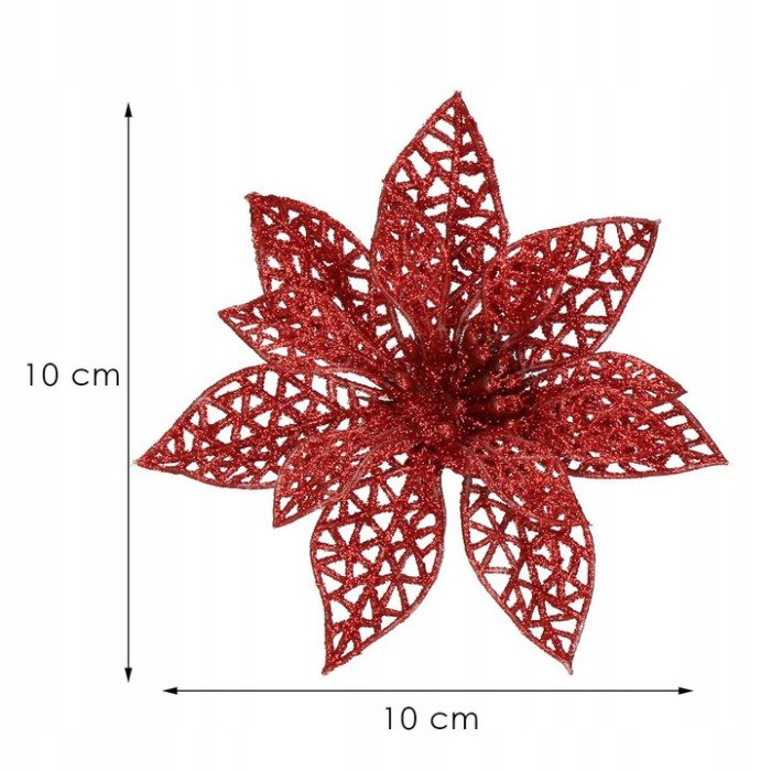 Set 10 ornamente pentru bradul de Craciun, stea Poinsettia, 10cm, rosu [8]