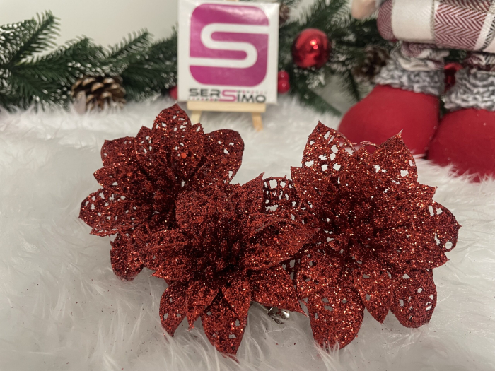 Set 10 ornamente pentru bradul de Craciun, stea Poinsettia, 10cm, rosu [17]