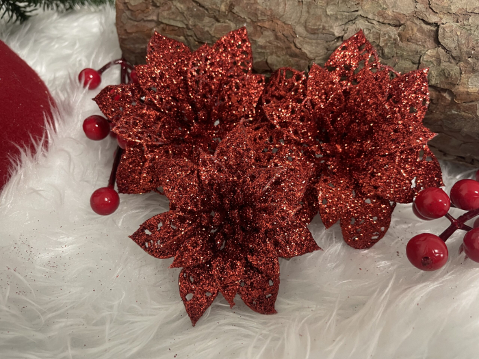 Set 10 ornamente pentru bradul de Craciun, stea Poinsettia, 10cm, rosu [16]