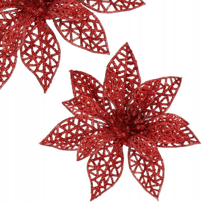 Set 10 ornamente pentru bradul de Craciun, stea Poinsettia, 10cm, rosu [5]