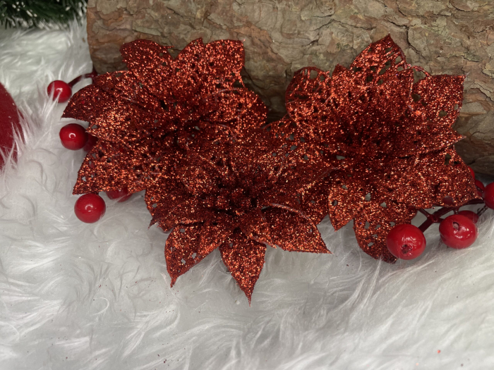 Set 10 ornamente pentru bradul de Craciun, stea Poinsettia, 10cm, rosu [14]