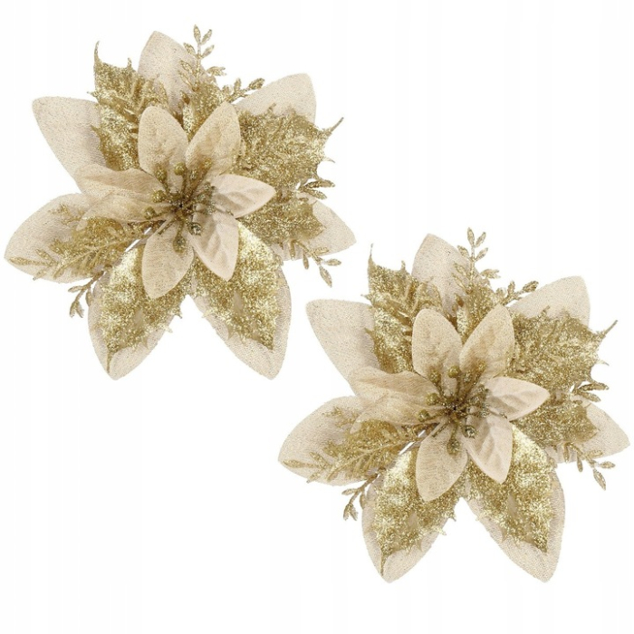 Set 10 ornamente pentru bradul de Craciun, stea Poinsettia, 13cm, auriu crem [3]