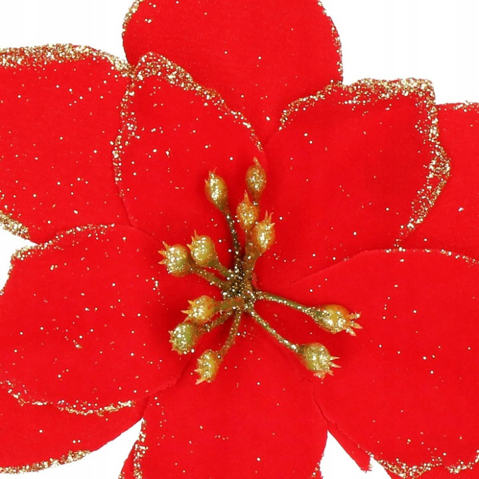 Set 10 ornamente pentru bradul de Craciun, stea Poinsettia, 13cm, rosu cu sclipici [5]