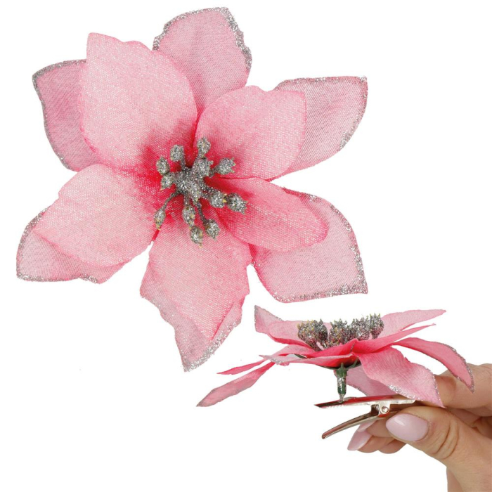 Set 10 ornamente pentru bradul de Craciun, stea Poinsettia, 13cm, roz [5]