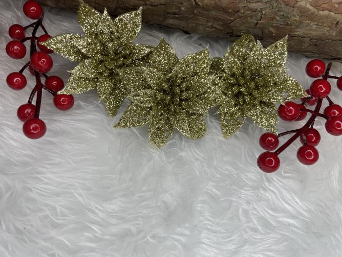 Set 10 ornamente pentru bradul de Craciun, stea Poinsettia, 14cm, auriu [13]