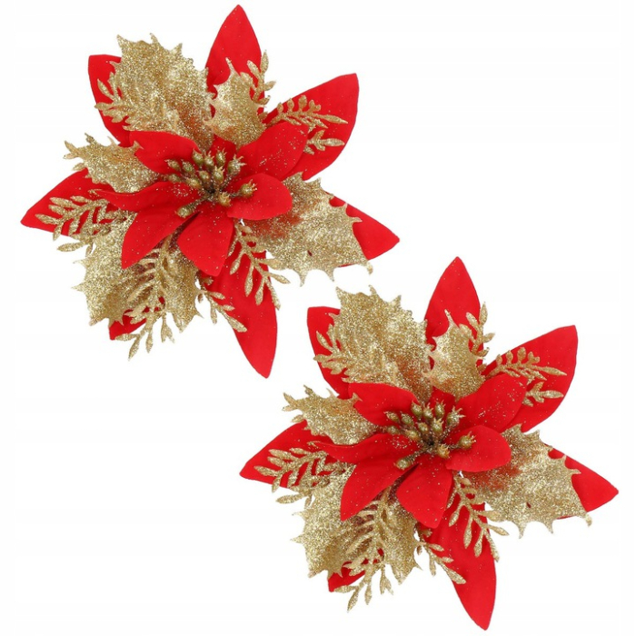 Set 10 ornamente pentru bradul de Craciun, stea Poinsettia, 14cm, rosu auriu [3]
