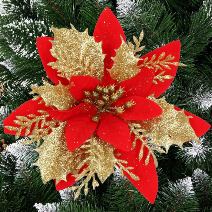 Set 10 ornamente pentru bradul de Craciun, stea Poinsettia, 14cm, rosu auriu [1]