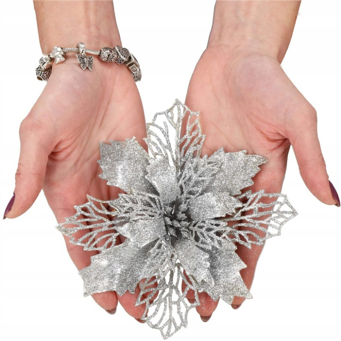 Set 10 ornamente pentru bradul de Craciun, stea Poinsettia, 16cm, argintiu [2]