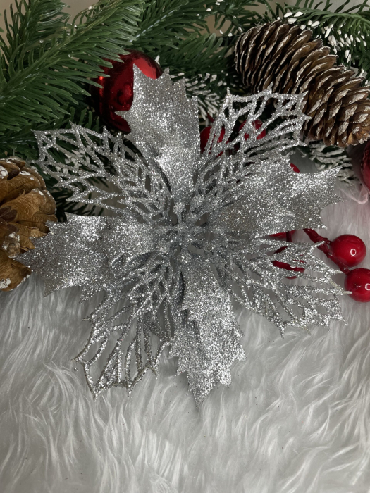 Set 10 ornamente pentru bradul de Craciun, stea Poinsettia, 16cm, argintiu [8]