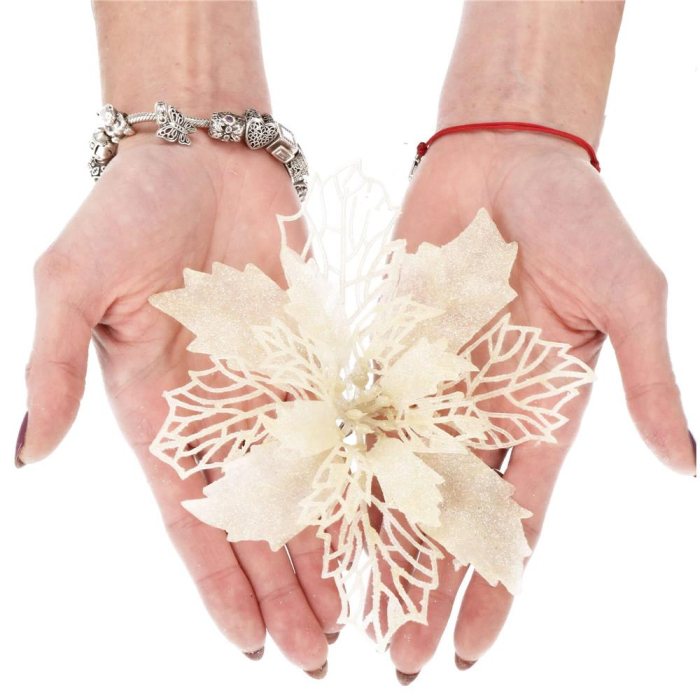 Set 10 ornamente pentru bradul de Craciun, stea Poinsettia, 16cm, crem [5]