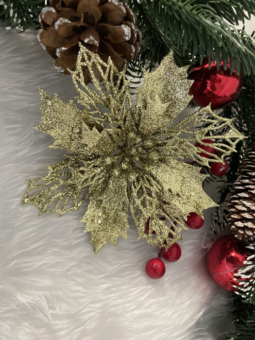 Set 10 ornamente pentru bradul de Craciun, stea Poinsettia, 16cm, galben auriu [12]