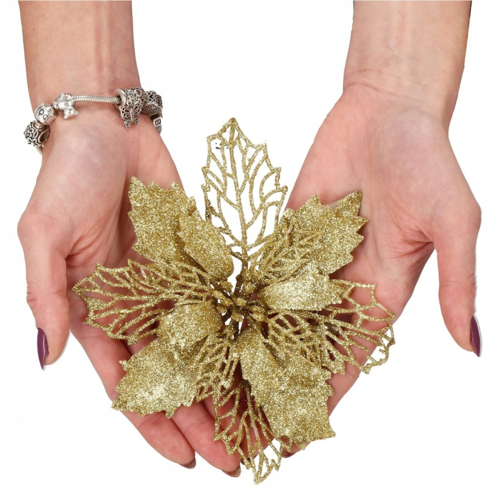 Set 10 ornamente pentru bradul de Craciun, stea Poinsettia, 16cm, galben auriu [8]