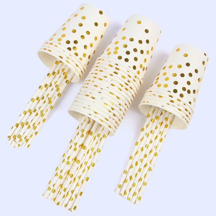 Set 10 Pahare, , Imprimeu cu Buline, din Carton, 250 ml, 7.5 x 8.5 x 5.2 cm, Auriu [2]