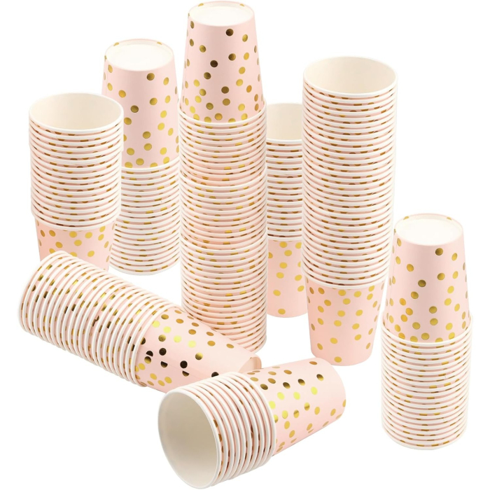 Set 10 Pahare, , Imprimeu cu Buline, din Carton, 250 ml, 7.5 x 8.5 x 5.2 cm, Roz/Auriu [6]