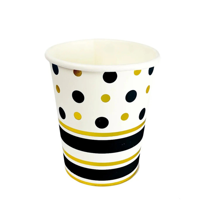 Set 10 Pahare, , Imprimeu cu Buline si Dungi, din Carton, 250 ml, 7.5 x 8.5 x 5.2 cm, Negru/Auriu [2]